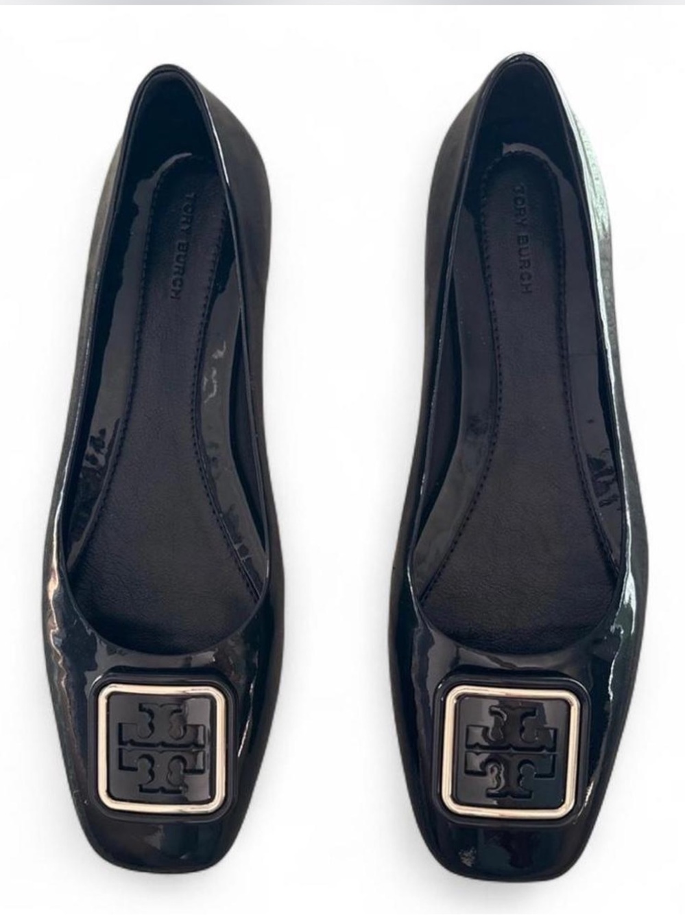 Tory Burch Black Patent Logo Square-Toe Flats